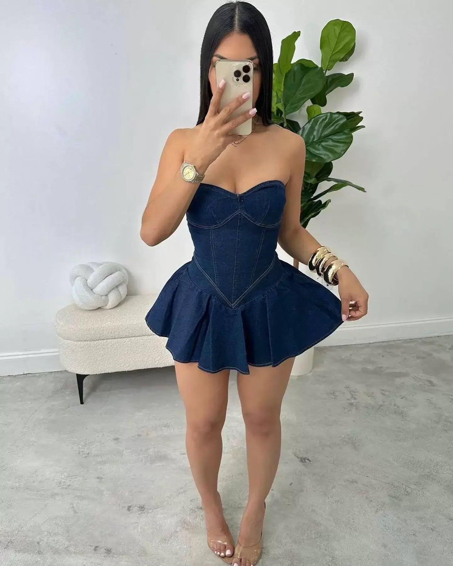 Chest Wrap Sexy Dress Women Sleeveless Backless Split Splicing Tight Denim Mini Dress Thin Sexy Y2K A-word Denim Dress