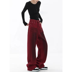 Fashion Vintage Red Straight Jeans Casual High Waist High Street Style Pants