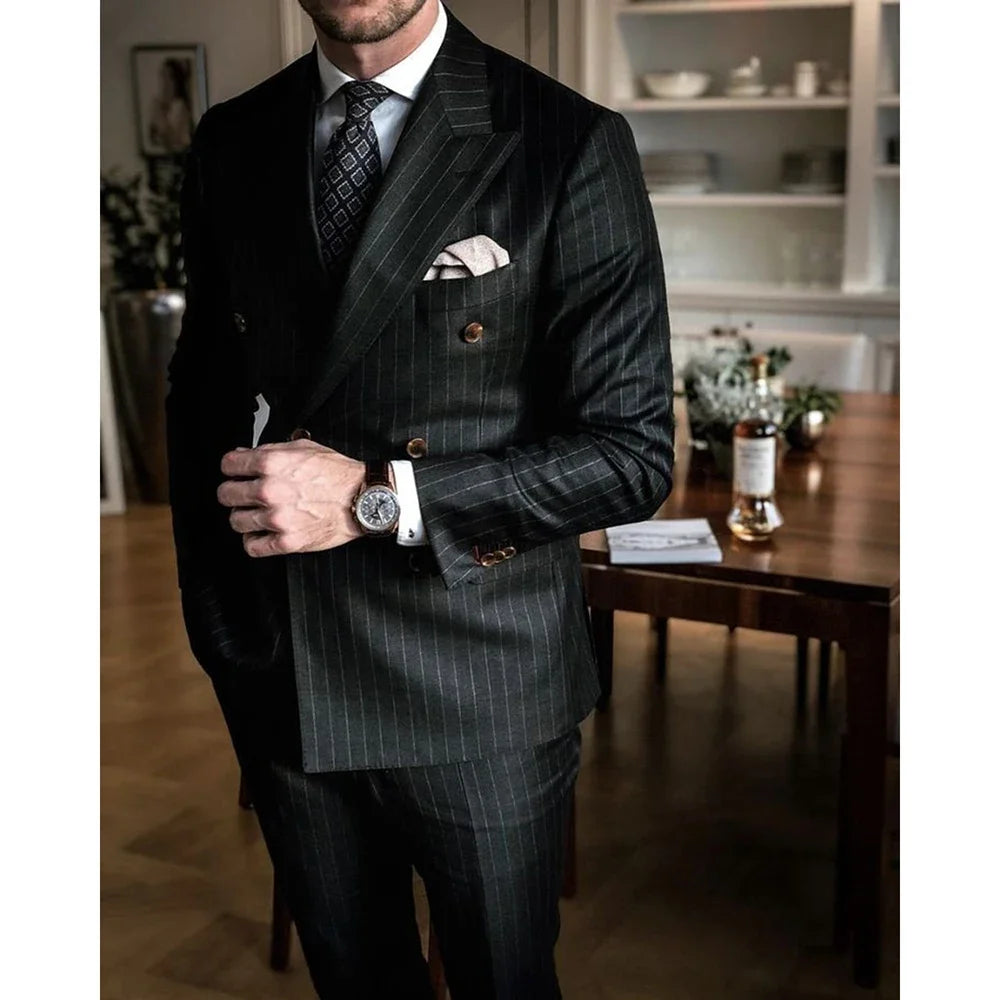 Tuxedo for Mens: Black Striped Men Suits Slim Fashion Peak Lapel Double Breasted