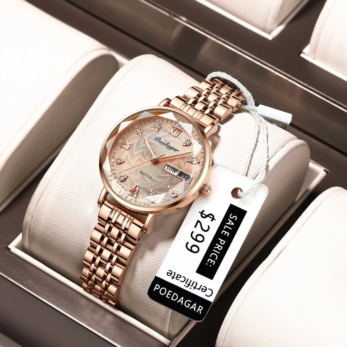 POEDAGAR Elegant Luxury Women Watch Waterproof Luminous Date Week Ladies Watches Fashion Stainless Steel Quartz Woman Wristwatch