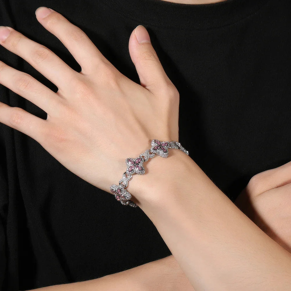 UWIN Iced Baby Blue Baguettecz Floral Infinity Bracelets for Women Men Cubic Zirconia Cuban Link Chain Anklets Fashion Jewelry