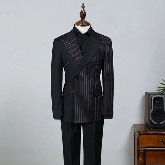 Business Black Striped Men Suits For Wedding Double Breasted Groom Tuxedos