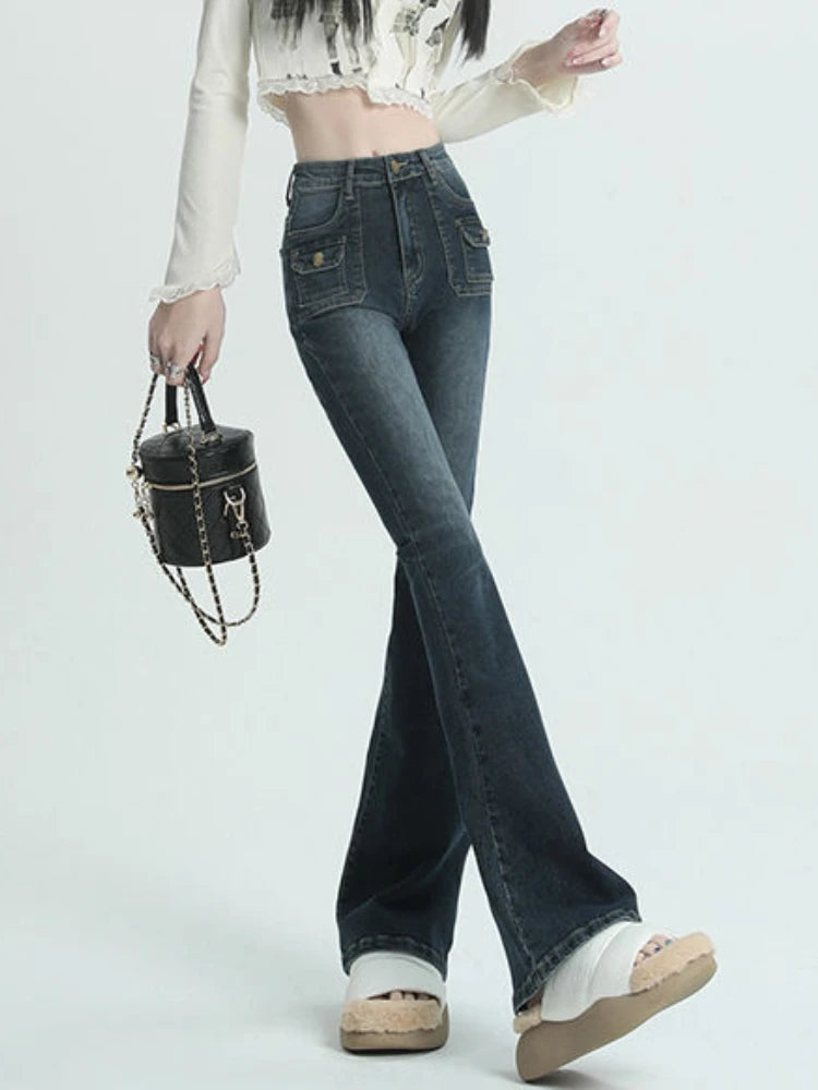 Winter Vintage Flare Jeans Women Streetwear High Waist Chic Casual Y2K Denim Pants