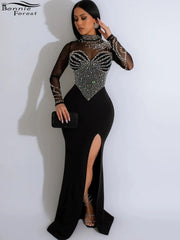 Evening wear Dresses: Sparkle See-Through Mesh Pearls Diamonds Long Maxi Dress