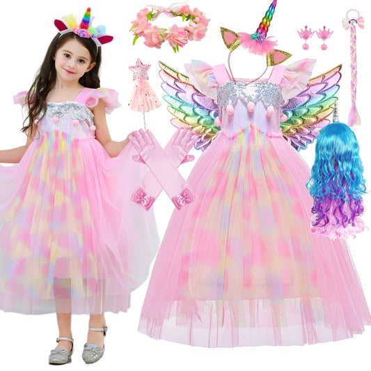 Unicorn Princess Dress for Girl Fancy Mesh Sequins Pink Halloween Costume for Kids