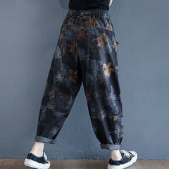 Oversized Women High Waist Floral Print Harem Jeans Woman Spring Autumn Casual