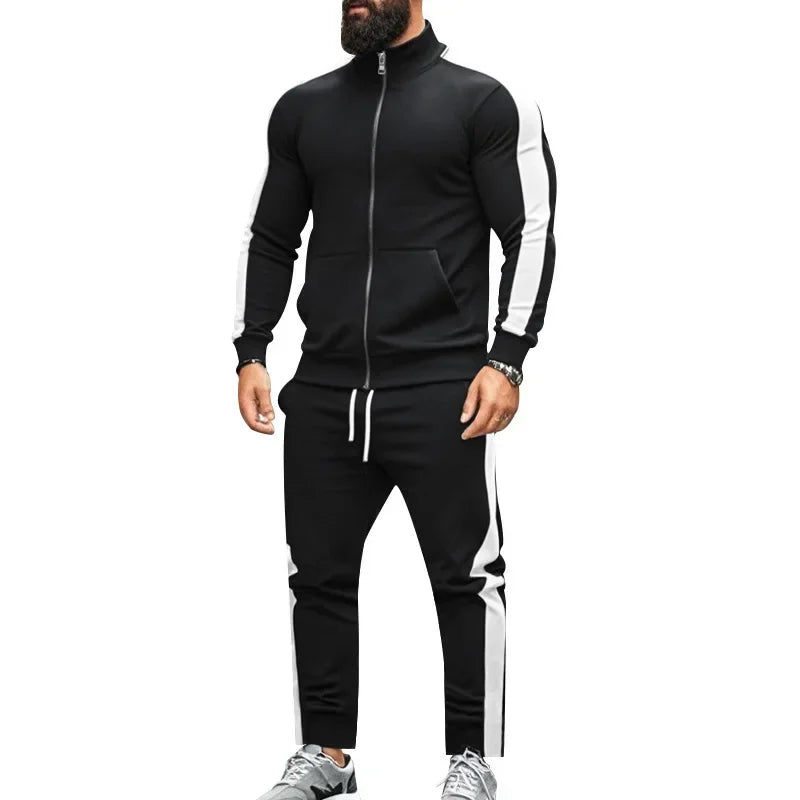 2025 Spring Autumn Men's 2-Piece Set Color Blocking Zipper Stand Collar Casual Sports Jacket Sweatshirt Trousers Suit