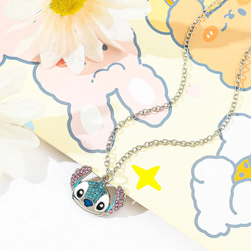 Disney Stitch Cartoon Pendant Necklace Cute Filled Rhinestones Jewelry Personality Sweater Chain Gift for Fashion Lovers