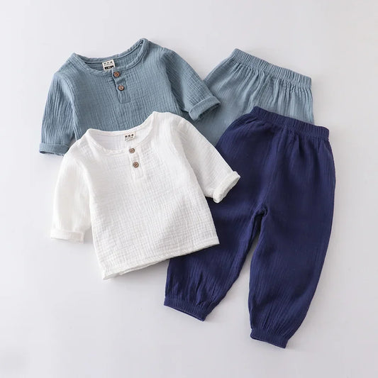 Children's Spring Summer Organic Cotton Set Boys Girls' Thin Solid Color Soft Muslin Clothes 0-6Years Soft T Shirt Wholesale