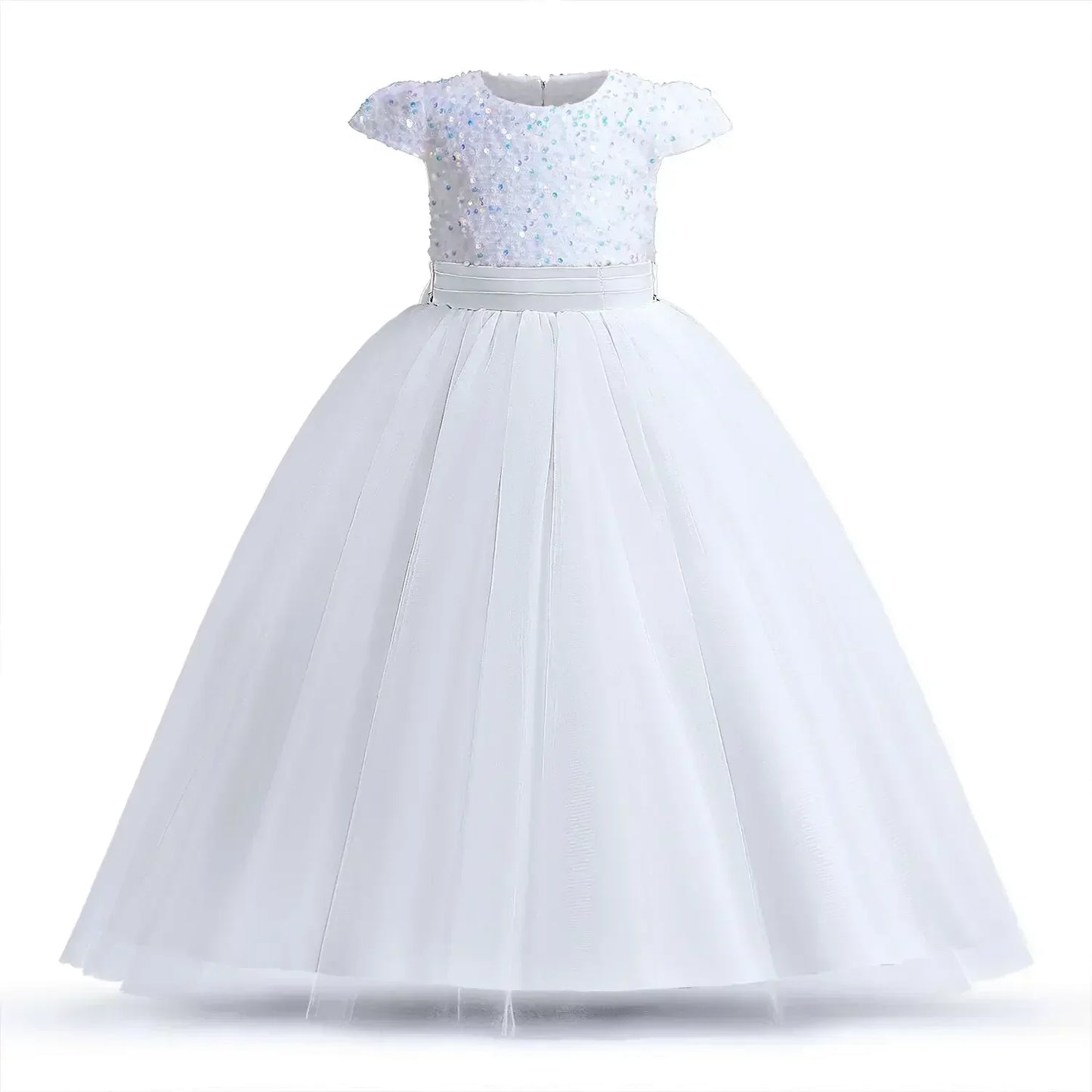 White Dress Long Sleeves Sequin Princess Pageant Birthday Party Dresses for First Communion Gown Flower Girl Dresses for Wedding