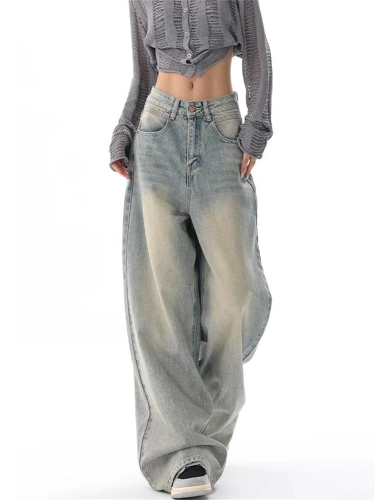 Women's American Vintage Washed Thin Jeans Street Casual Neutral Style Blue Denim