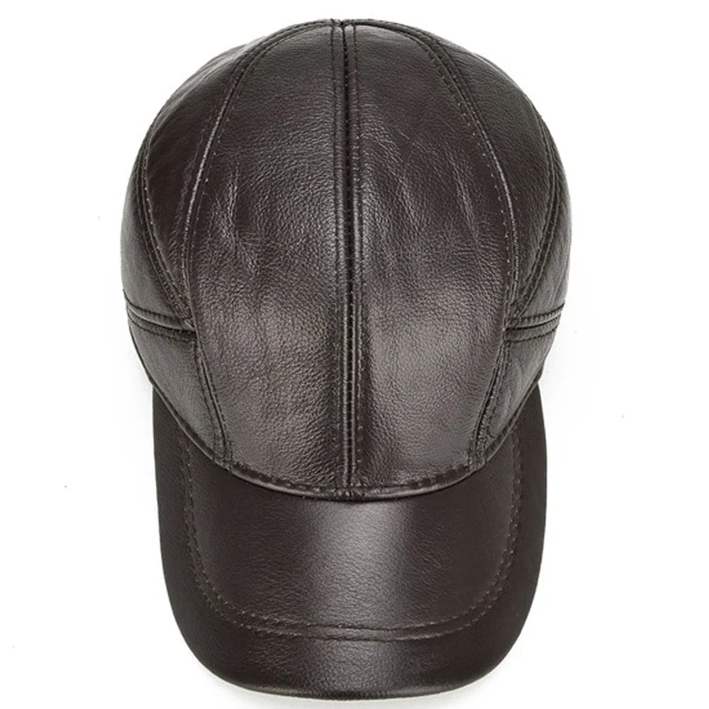 New Style Casual Real Leather Earflap Cap Men Real Cowhide Leather Caps Male Fall Winter Genuine Real Cow Leather Baseball Hats