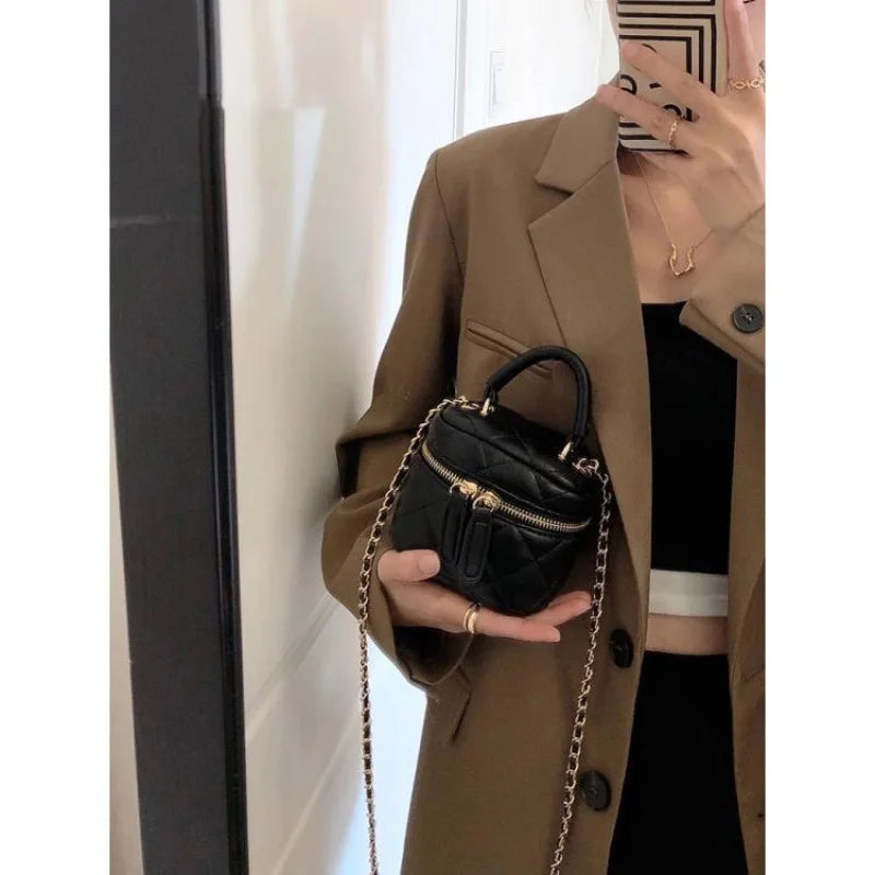 Black White Rhombus Plaid Shoulder Bags Mini Square Makeup Box PU Leather