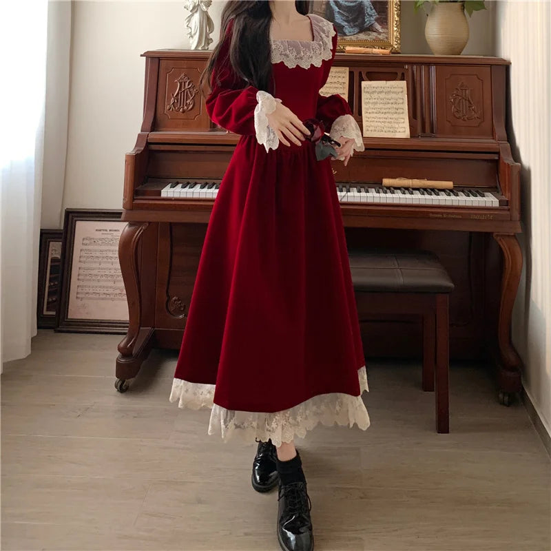 Evening Dresses: Dress Vintage Lace Splicing Gold Velvet Red Long Dress Elegant