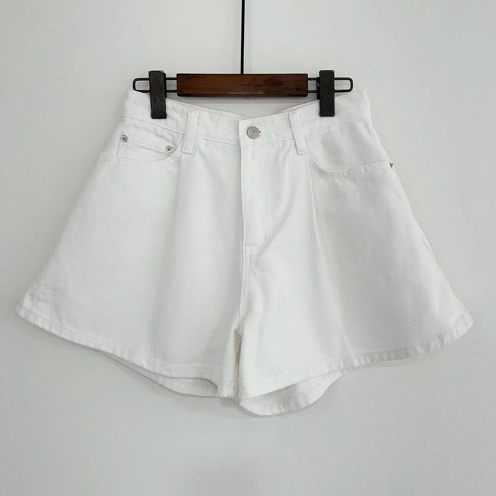 REALEFT Summer Washed High Waist Women's A-line Denim Shorts Pocket White 2025 New Casual Loose Wide Leg Jeans Shorts Female