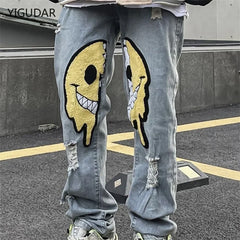 Irregular Ripped Hole Jeans Denim Pant Woman Man Straight Patchwork Baggy