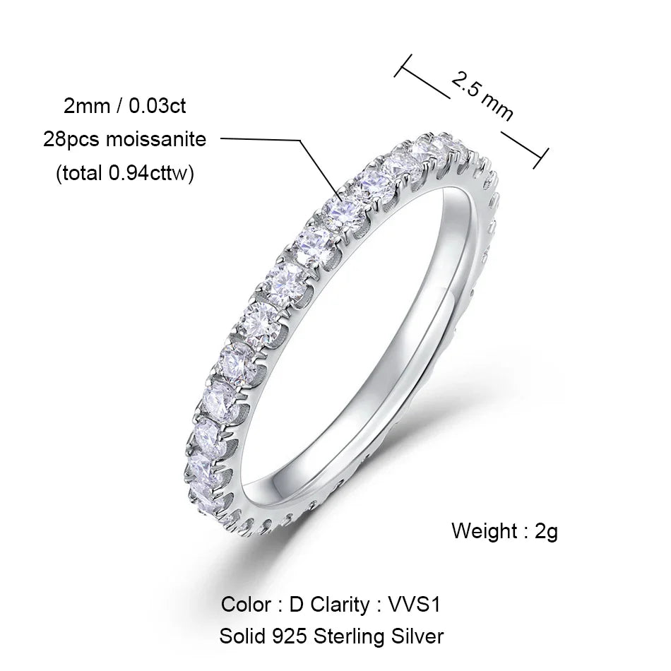 ALLNOEL 2mm Full Moissanite Ring for Women D Color VVS1 Female Single Tail Ring 925 Silver Ring Wedding Eternity Band With GRA