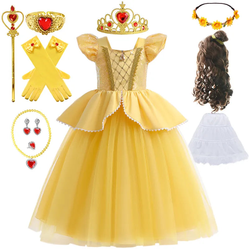 Beauty and the Beast Princess Belle Dress for Girl Halloween Children Cosplay Costume Sequin Princess Party Dresses Fairy Frocks