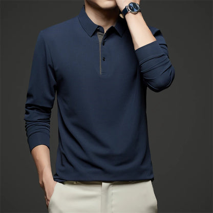 New Men's Business Casual  Long Sleeve Solid Color Polo Shirt Fashionable Warm Comfortable Four Seasons Versatile Top