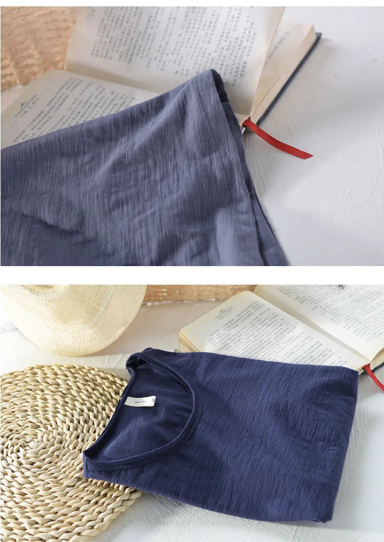 Retro Raw Edge T-Shirt for Men, 100% Cotton, Lightweight,Breathable,Slim-fit, Monochromatic, O-Neck, Casual Basic Top