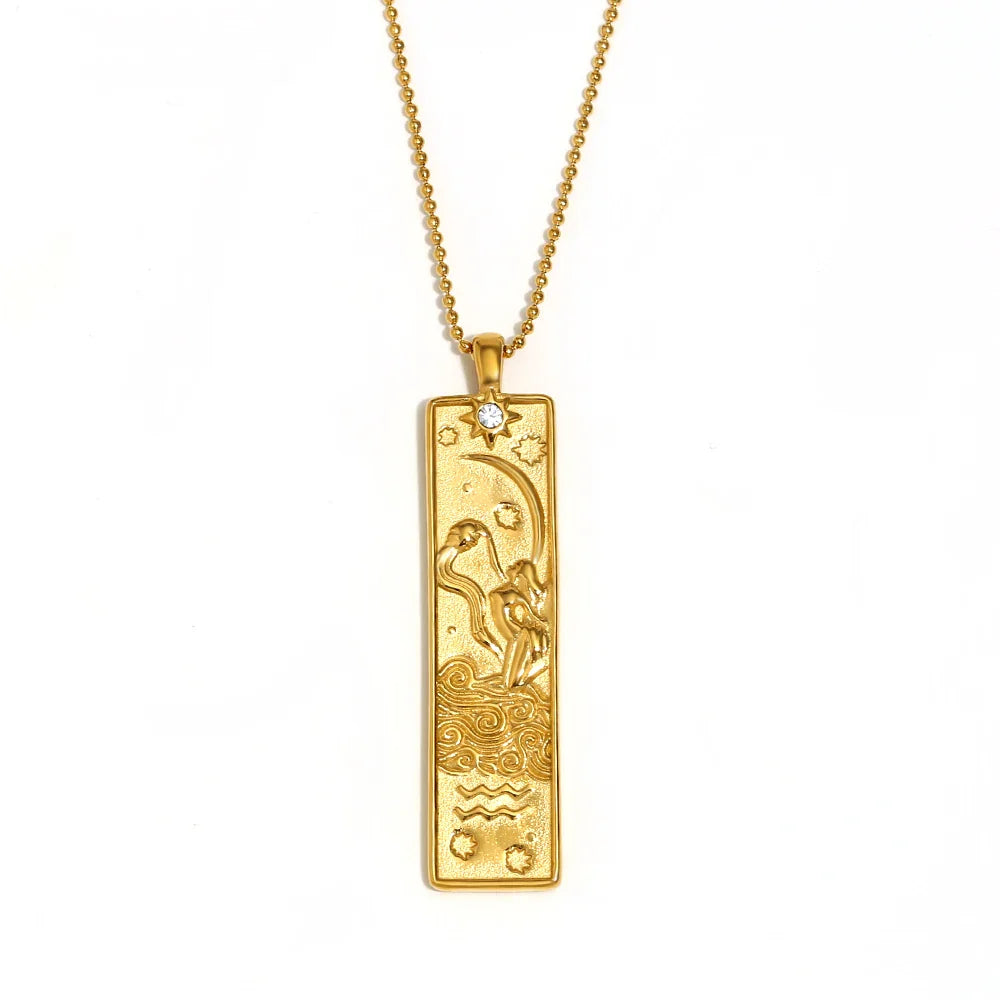 E.B.belle 18k Gold Plated Rectangle Shape 12 Constellation Pendant Necklace Stainless Steel Waterproof Fashion Women's Jewelry