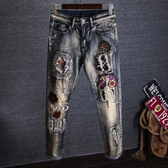 Tapered Graphic Jeans for Men with Print Hip Hop Motorcycle Mens Cowboy Pants