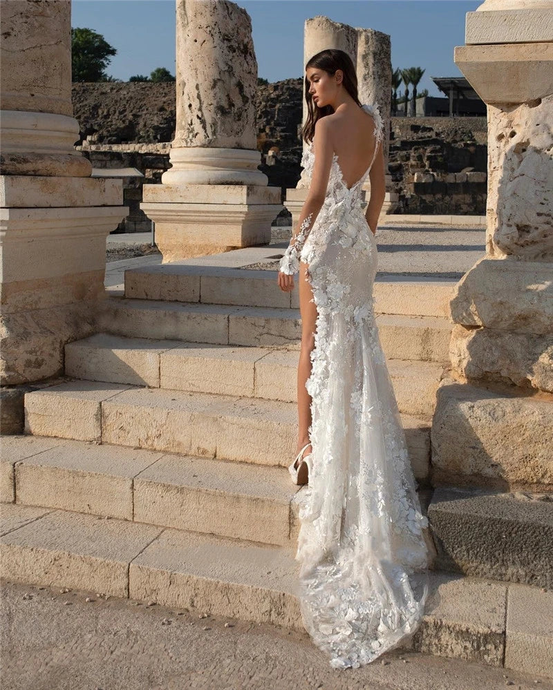 White Bridesmaid Dresses: Modern Lace Wedding Dress Side Split Backless