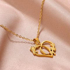 Gold Color Dainty Flower Initials Necklace Women Girl Stainless Steel Heart Letter