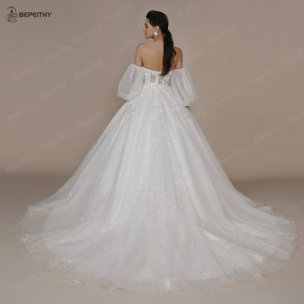 White Bridesmaid Dresses: Ivory Glitter Wedding Dresses For Women Court Train