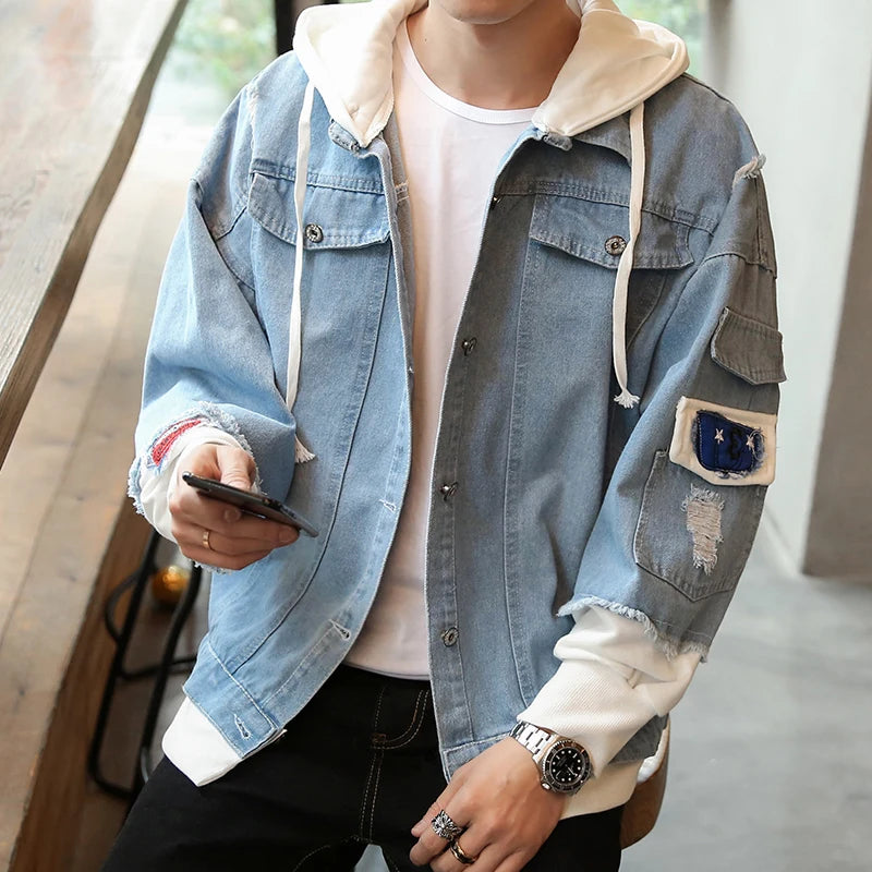 Men Denim Jacket Streetwear Hip Hop Men's Hooded Jean Jackets Male Casual Loose Coat