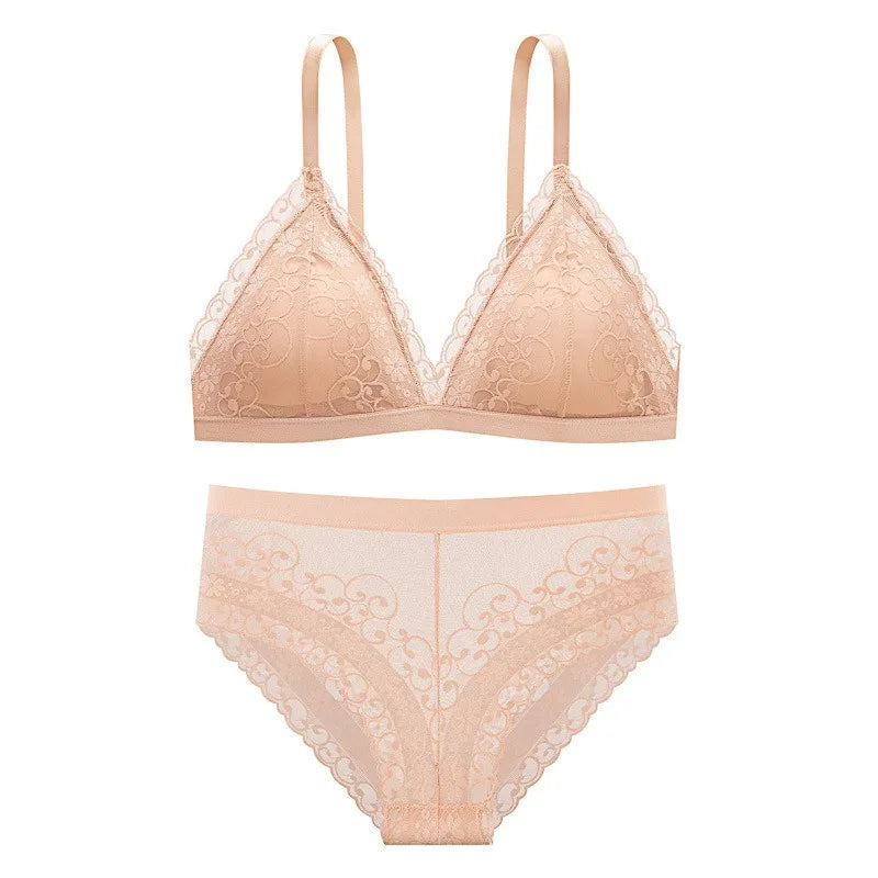 Women Lace Bra Set Deep V Bralette Low Waist Panties Seamless Underwear