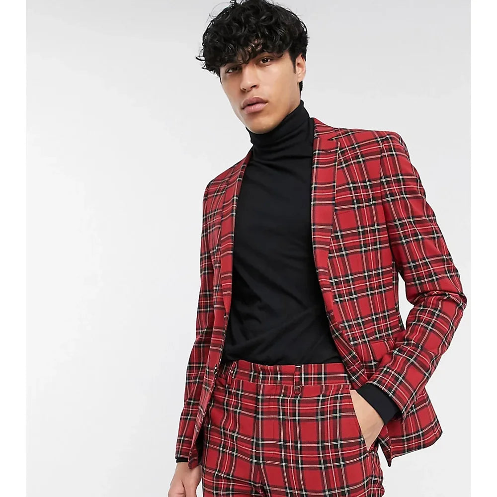 Tuxedo for Mens: Red Plaid Men Suits 2 Piece Fashion Notch Lapel Single Breasted