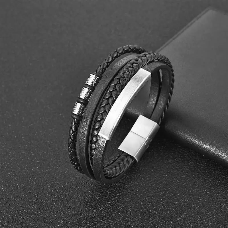 Punk Men Leather Bracelet with Stainless Steel Magnetic Clasp Braided Mutilayer Leather Wrapping Bangles Man Jewelry Gift