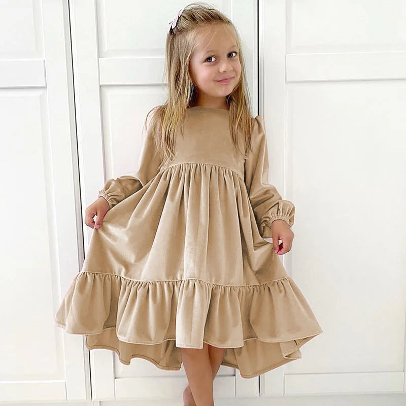 Girls Spring Autumn Winter Velvet Long Sleeve Ruffle Hem Dress