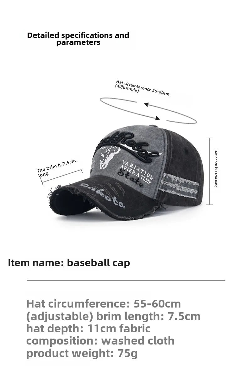 Bull Head Hat Men's Embroidery Letters Retro Washed Baseball Cap Old Korean Version Fashion Cap Classic Versatile Comfortable