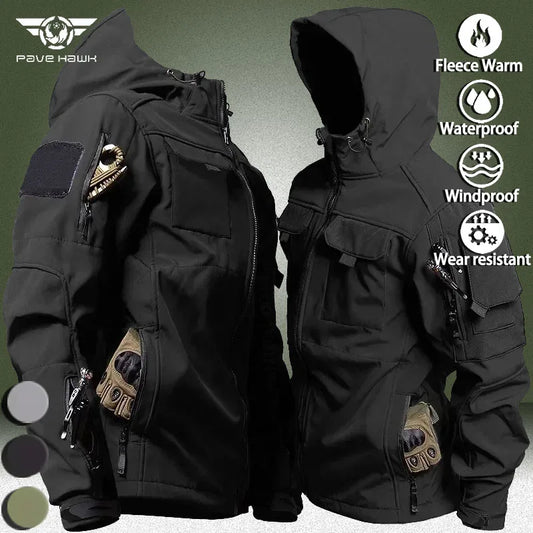 Waterproof Soft Shell Jackets Men Outdoor Shark Skin Multi-pocket Hooded Jacket