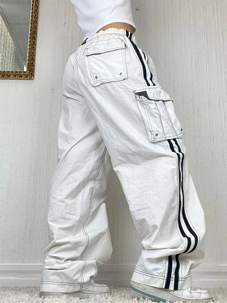 Women's Striped Wide Leg Sweatpants Lace-up Elastic Waist Work Pants