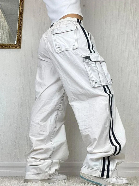 Women's Striped Wide Leg Sweatpants Lace-up Elastic Waist Work Pants