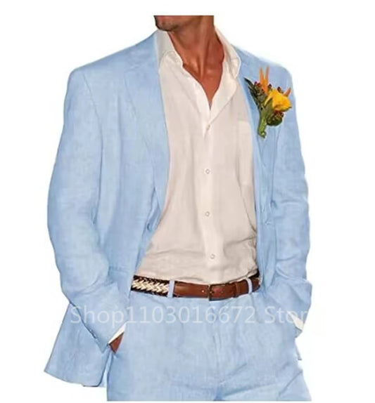 Light Blue/Beige Linen Notch Lapel Slim Fit Summer Men Suits 2 Piece Groom Tuxedos