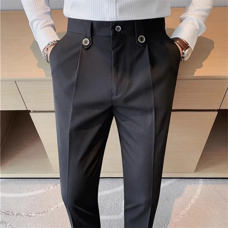 Smart Casual Suit Pants Men Solid Color Slim Fit Office Fomal Wedding Party Dress Pants