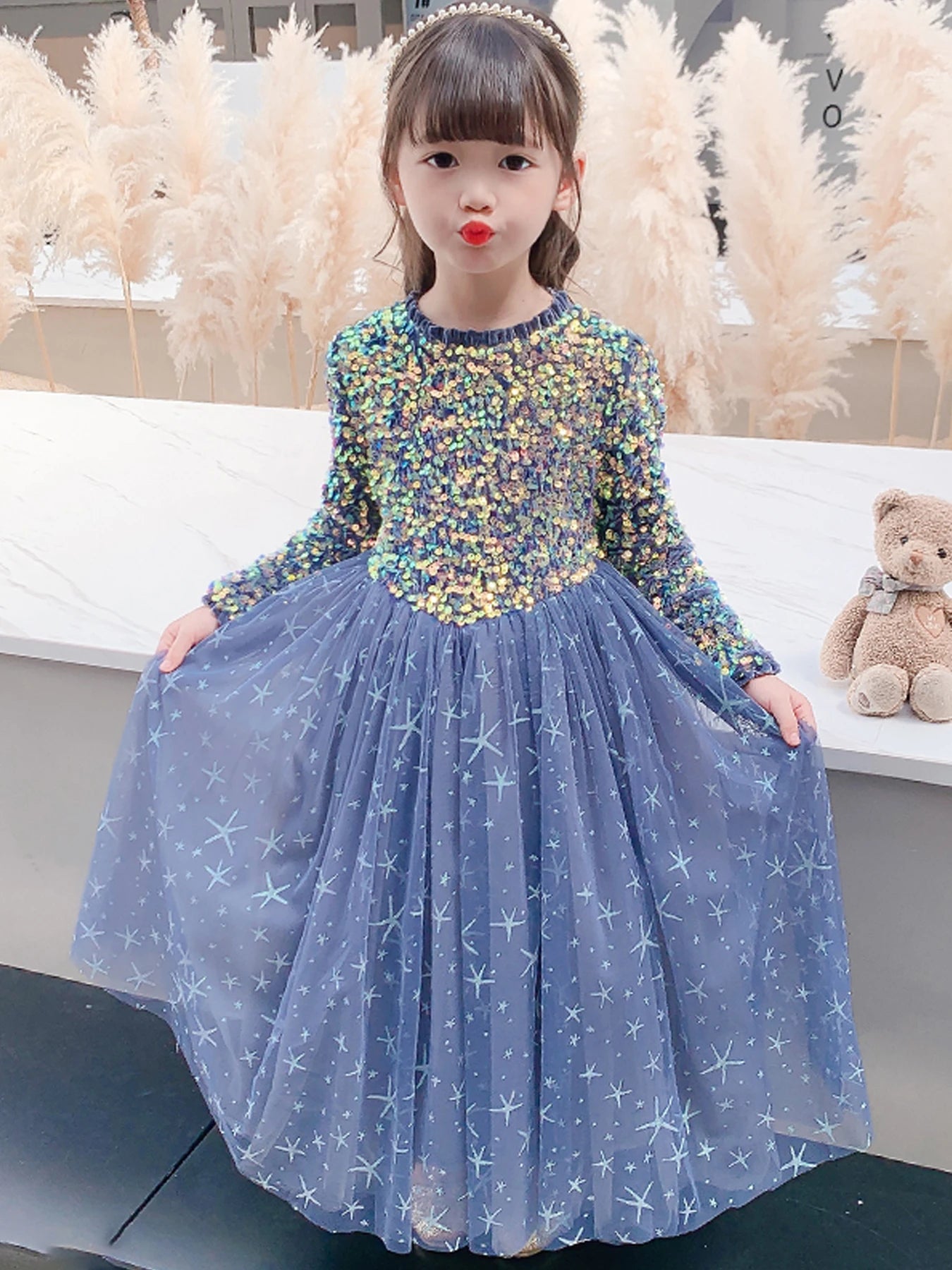 Baby Girls Elegant Unicorn Floral Graphic Print Mesh Gown Dress Clothes For Performance Party Gift Beaded luminescence