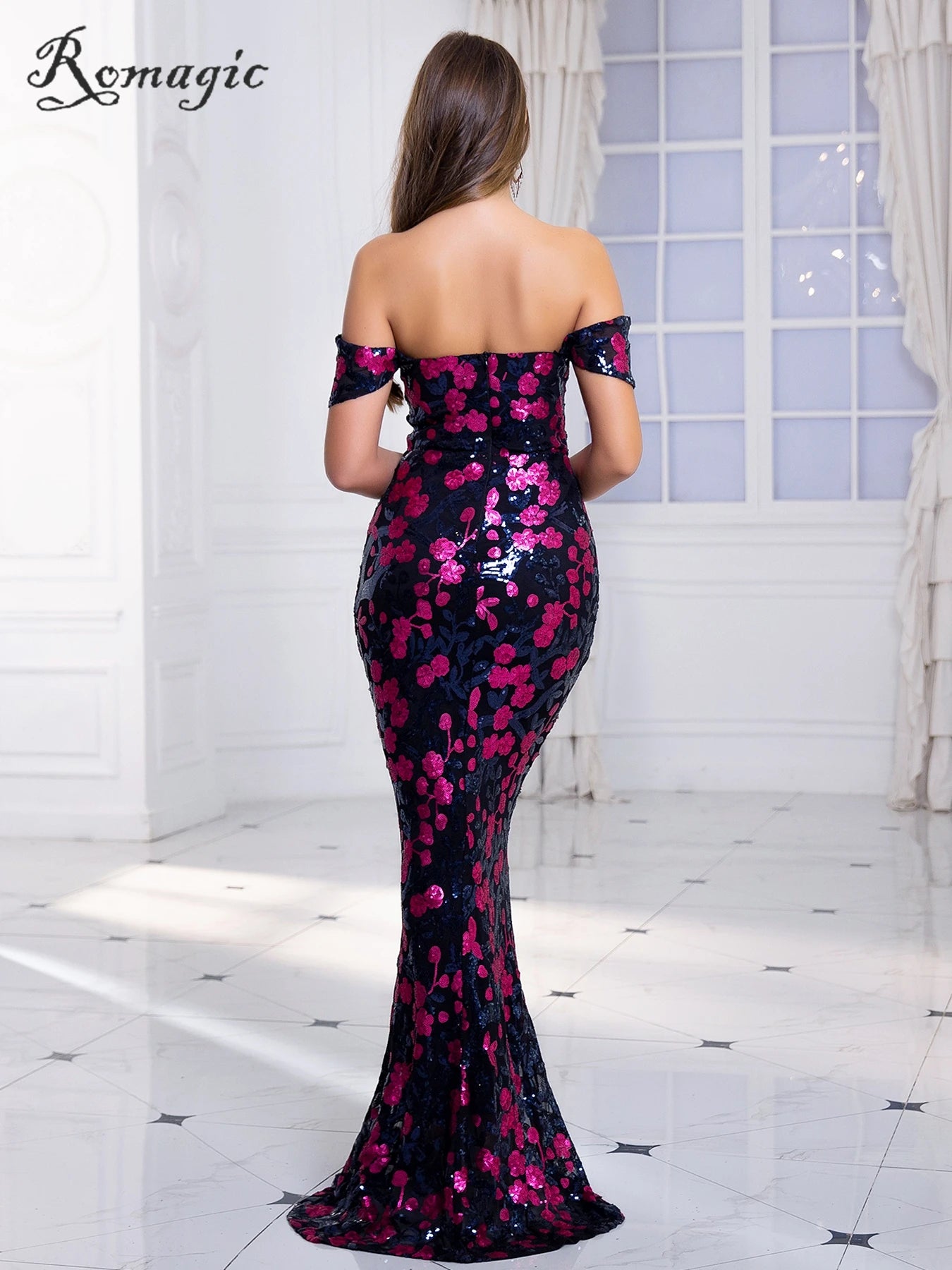 Evening wear Dresses: Flower Sequin Off Shoulder Cocktail Prom Dresses