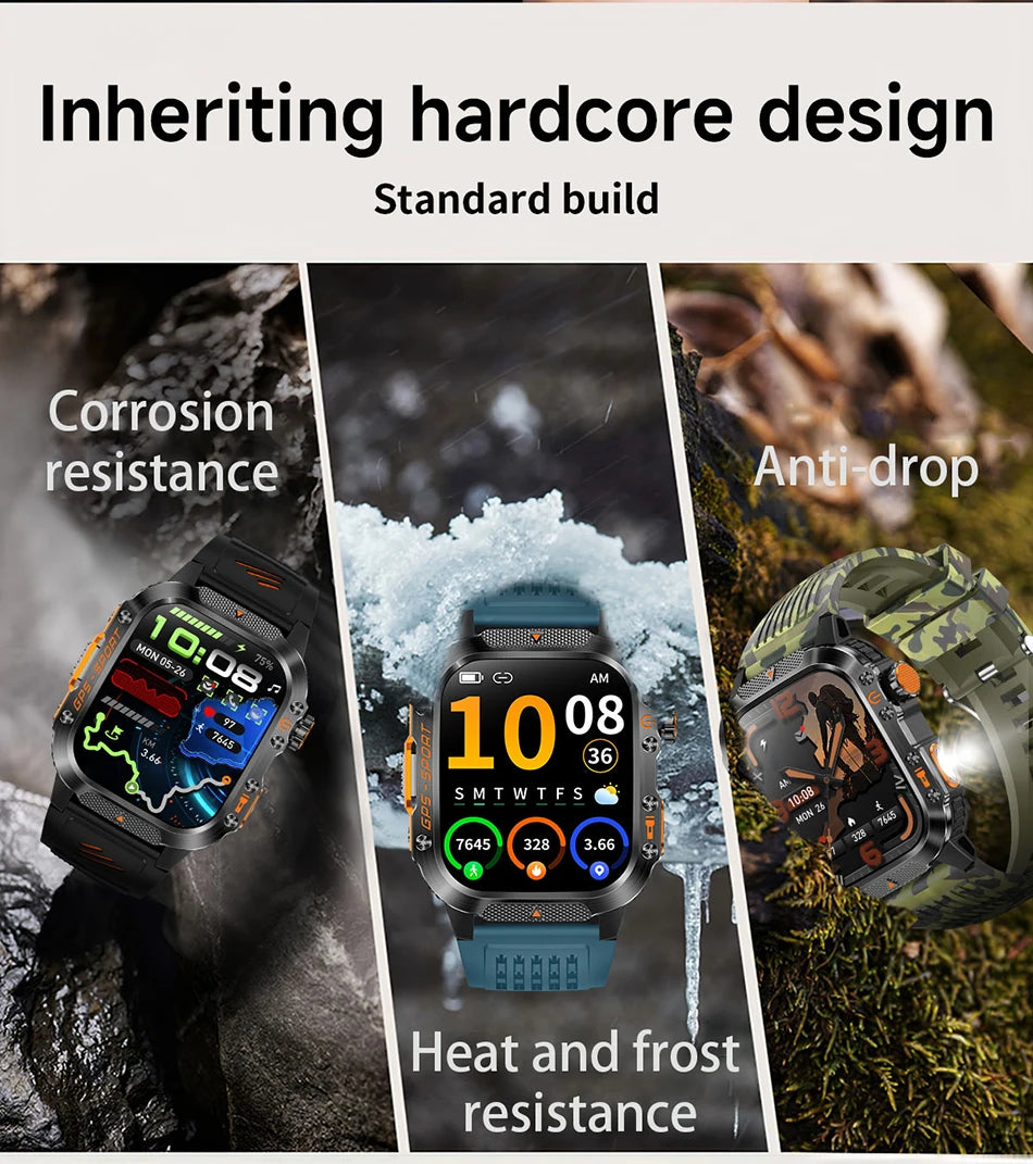 2025 New Military Outdoor Smart Watch Men's GPS Flashlight Bluetooth Call 2.01" AMOLED Screen 3ATM Waterproof Sports Smartwatch