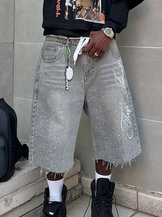 Men s Stylish Knee-Length Denim Shorts with Embroidered Logo and Rhinestone Detailing for Summer Casual Wear