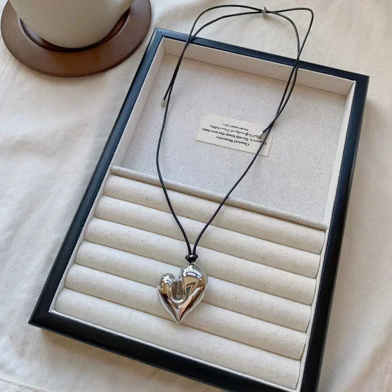 LATS New Heart Pendant Necklace for Women Men 85CM Adjustable Pull-out Sweater Chain Fashion Jewelry Accessory Gift