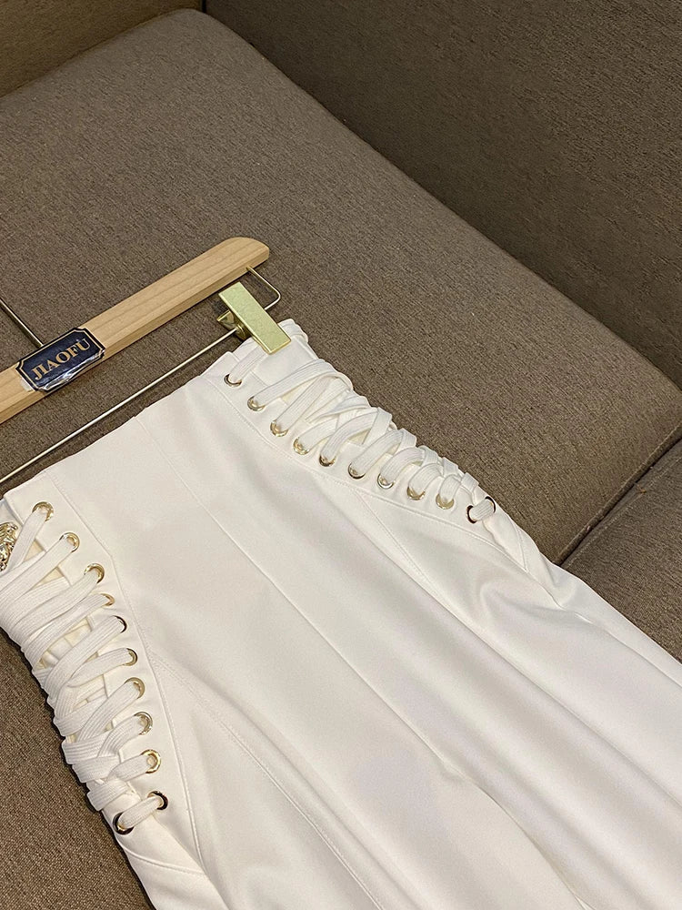 Lady Basic Solid Fashion Style Lace Up High Waist Slim Cutting Trousers Woman