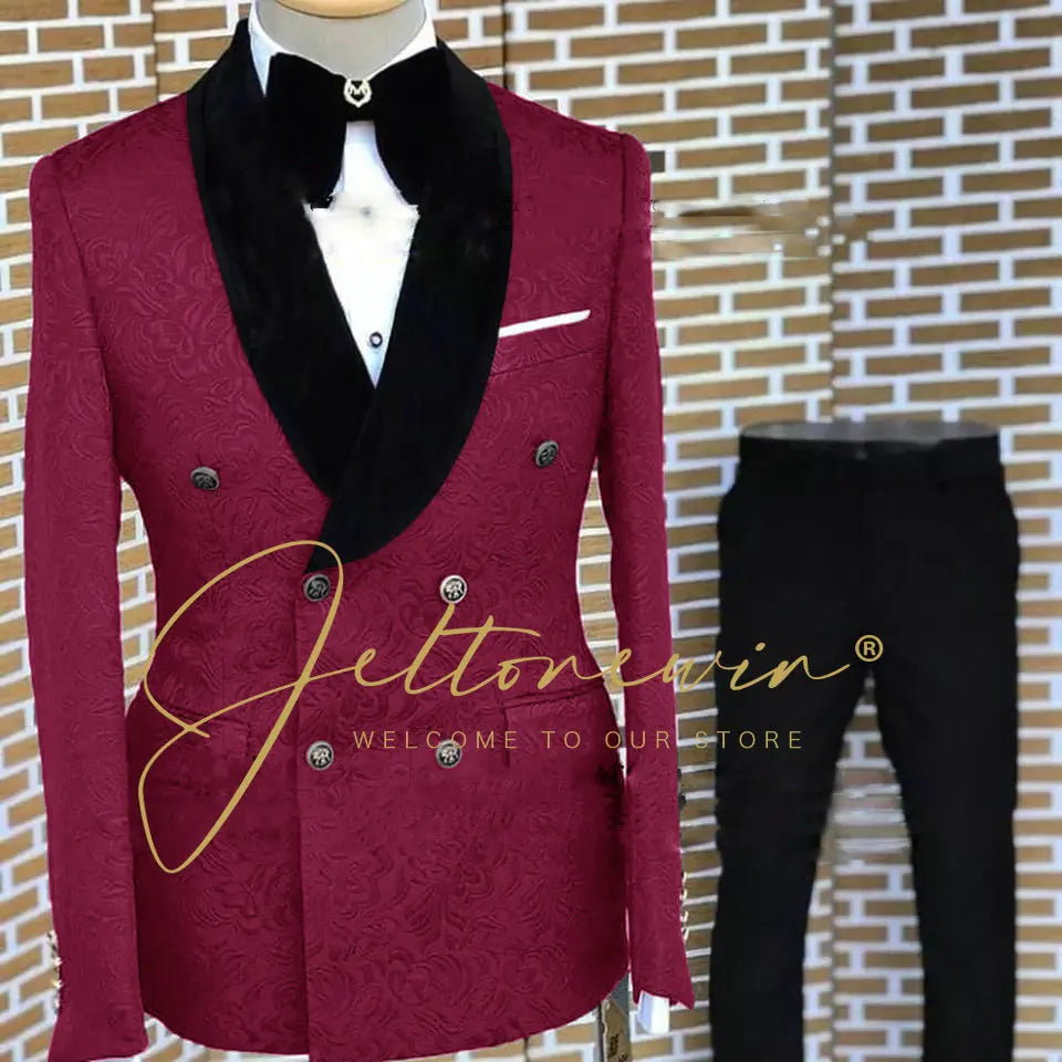 Tuxedo for Mens: Burgundy Jacquard Men Suit Slim Fit Double Breasted Wedding Suits