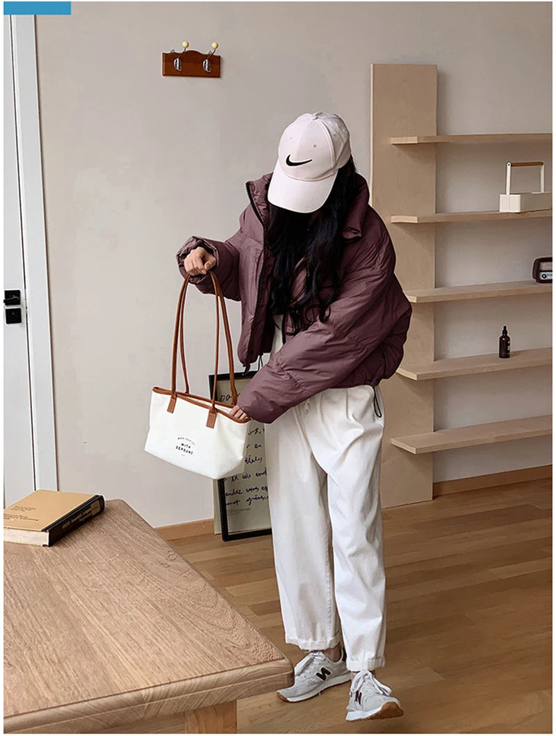 Korean Fashion Women Puffy Coats Simple Solid Loose Short Parkas Winter Thick