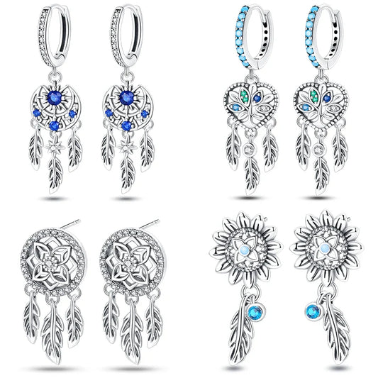 New in 925 Silver Romantic Feather Moon Stars Dream Catcher Earrings For Women Trending Fashion Jewelry Creative Birthday Gifts