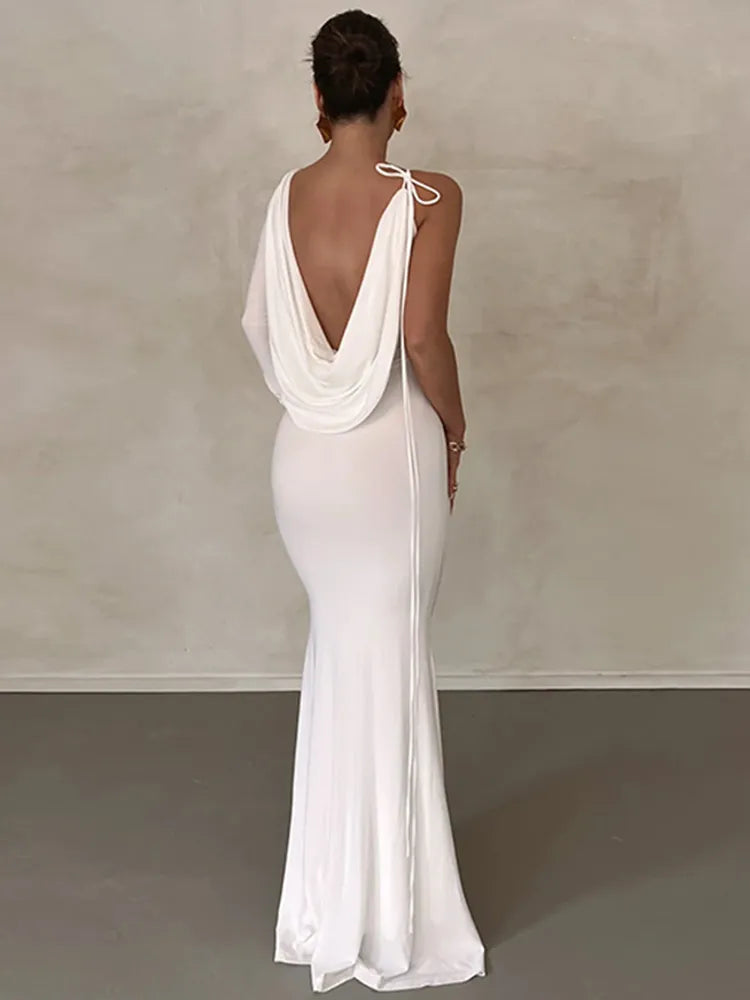 Evening wear Dresses: Lace Up Long Sleeve One Shoulder Maxi Dress For Women